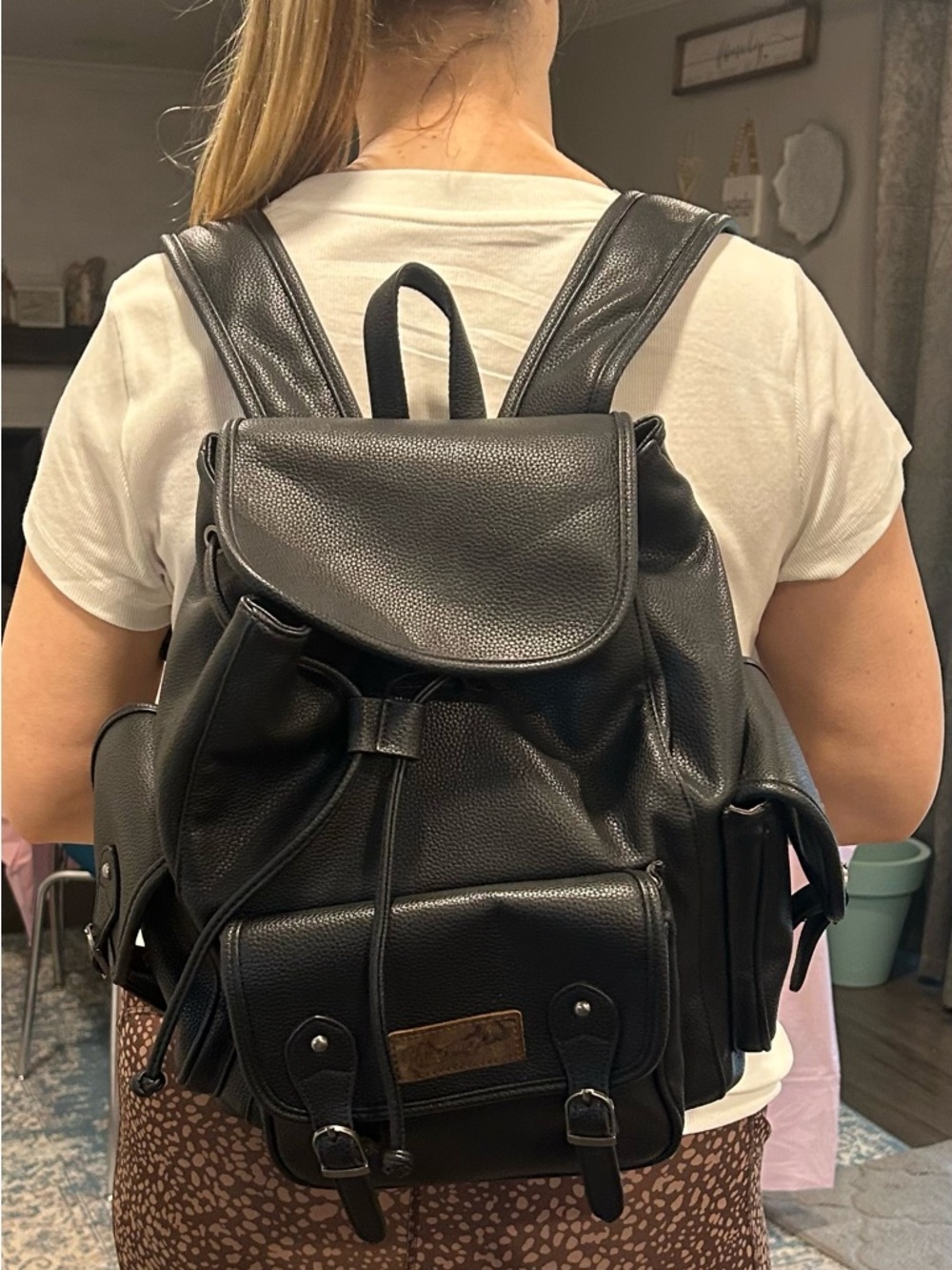 Wrangler Black faux Pebbled Leather Backpack with Front Pockets - Picture 7 of 7